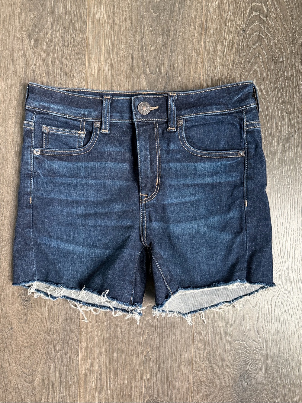 America Eagle Hi-Rise Shortie Denim Shorts Dark Wash Hem Stretch Size 4 Y2K - Picture 2 of 7